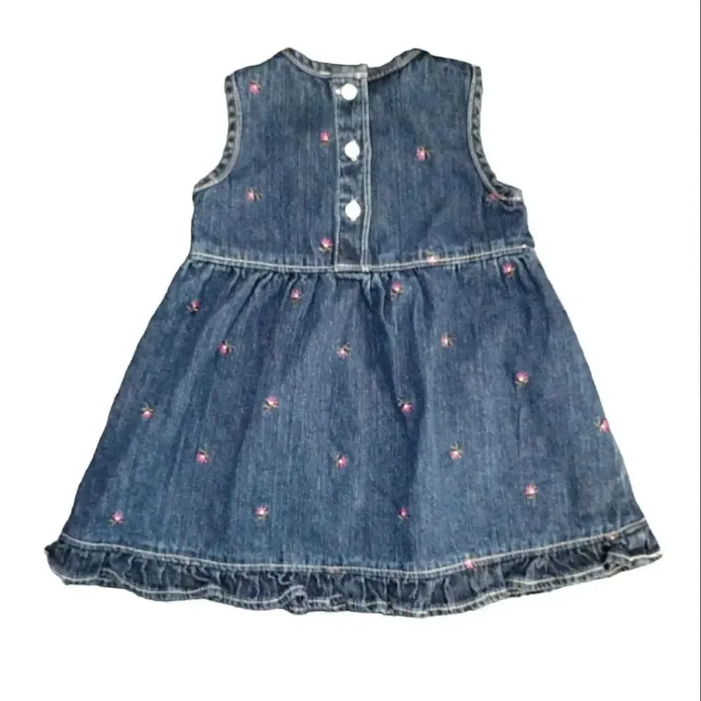 VTG OshKosh 2 Piece Floral Denim‎ Jean Jumper Dress Girl's 6-9mos